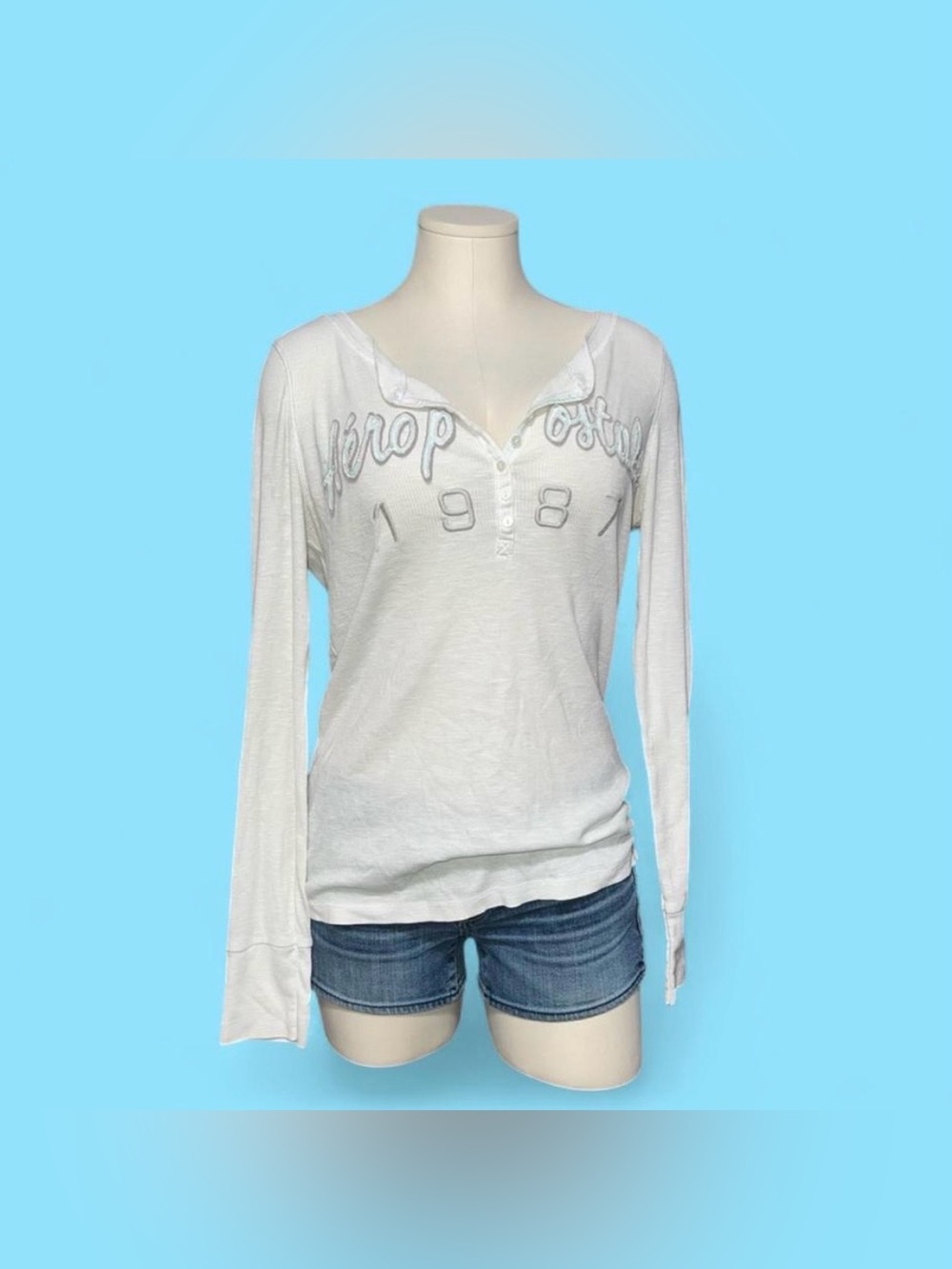 Aeropostale White Long Sleeve Henley Logo Top